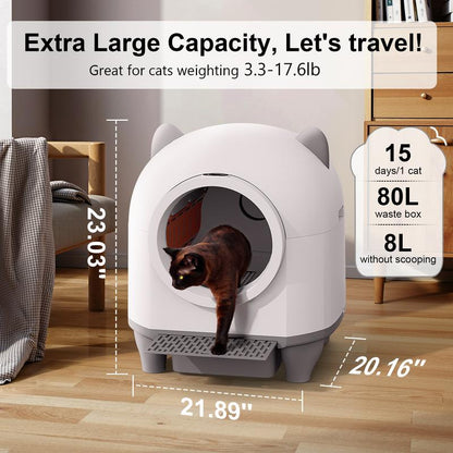 Smart Low-Noise Auto-Cleaning Litter Box 80L Self Cleaning Cat Litterbox App-Controlled with 10 Smart Sensors, Safetyprotection,Easy Maintenance, Easy Setup & Clean Storage Box