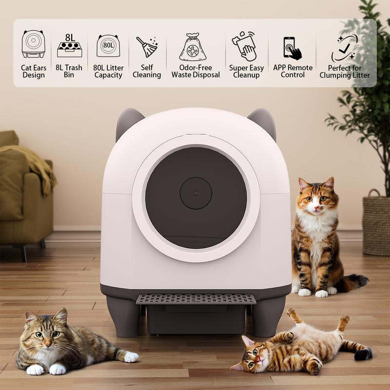 Smart Low-Noise Auto-Cleaning Litter Box 80L Self Cleaning Cat Litterbox App-Controlled with 10 Smart Sensors, Safetyprotection,Easy Maintenance, Easy Setup & Clean Storage Box